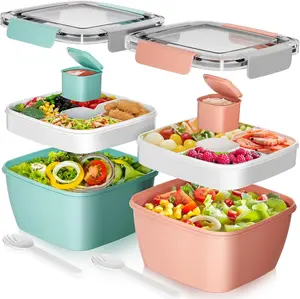 Salad Lunch Box, 2Pack Bowls with 3 Compartments, Leak Proof with Fork & Sauce Container - Green+Pink