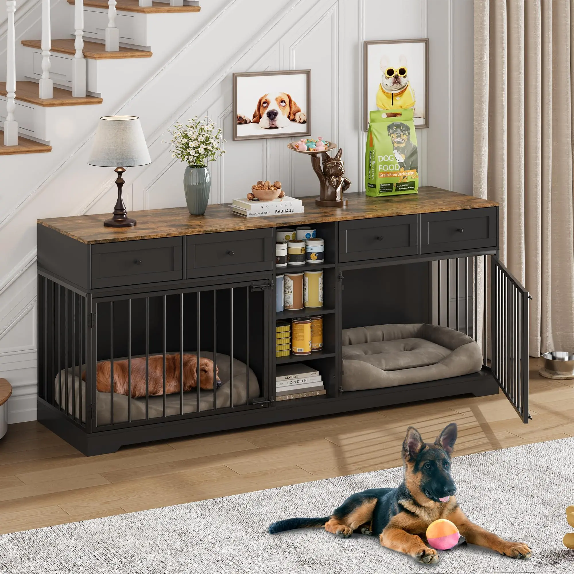 81.9" Large Dog Crate Furniture for 2 Dogs with 4 Drawers and 4 Storage Shelves, Dog Kennel Indoor for Medium Large Dogs, Black