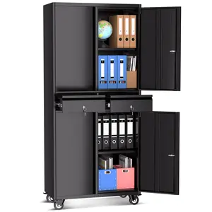 Garvee 73'' Metal Storage Cabinet with Wheels, Heavy Duty Garage Storage with 4 Lockable Doors, 2 Drawers and 2 Adjustable Shelves for Home,Office,Warehouse,Garage, Black