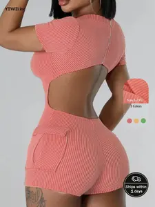 YEWEI INC Lady's backless romper shorts, fashionable and sexy, suitable for summer casual wear with pockets