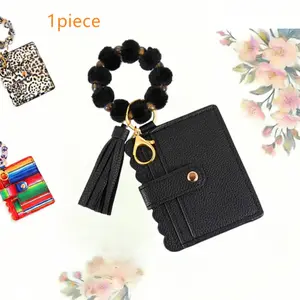 Bracelet Wristlet Keychain Wallet for Women, Black PU Leather Card Holder, Card Slots, with Stretch Beaded Bracelet, Hands-Free Key Ring Wallet with Snap Closure, Portable Mini Wallet for Errands/Commute/Dog Walk