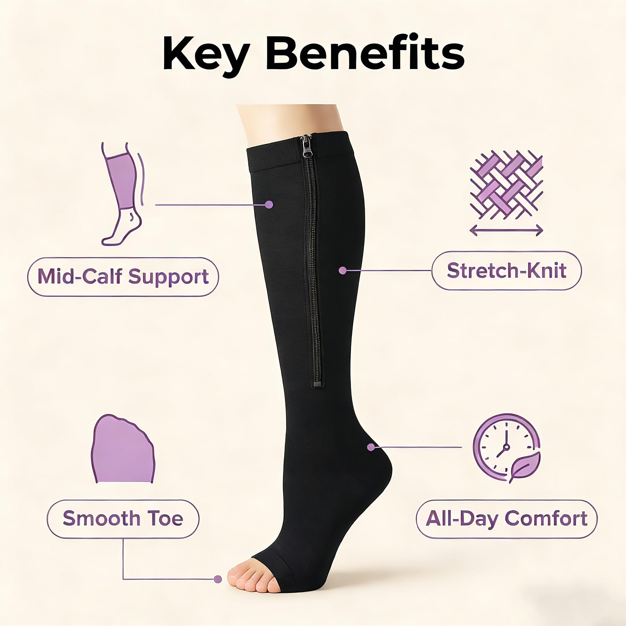 3 Pairs Zipper Compression Socks Open Toe Calf Knee High Socks with Zipper Calf Knee High 15-20mmHg Open Toe Compression Stocking Slim Leggings Stretch Socks Walking Running Compression Stocking for Men Women