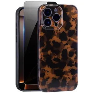 Cute Phone Case for iPhone 16 Pro Max Case, [with 1X Privacy Screen Protector] Tortoise Shell Pattern Leopard Full Camera Protective Slim Shockproof Cool Trendy Aesthetic