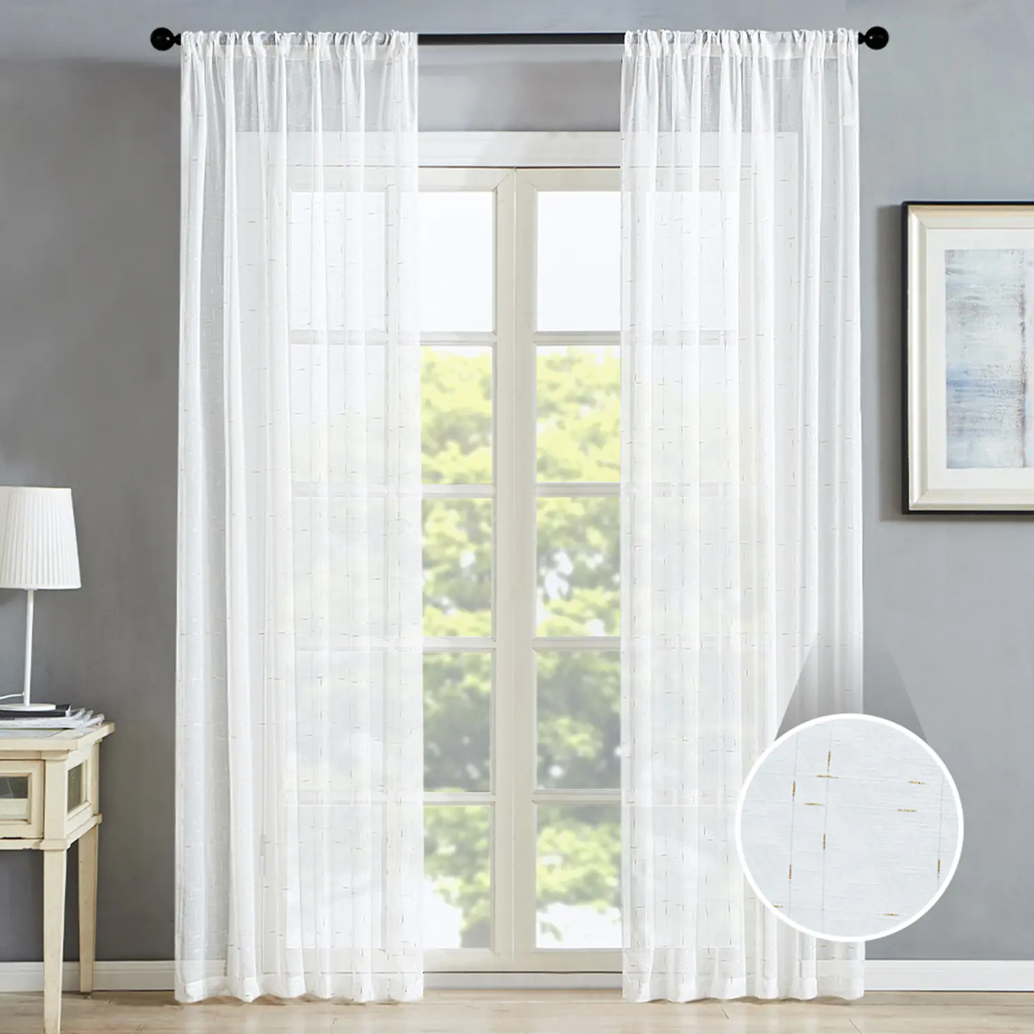 2-Panel Plaid Indoor Sheer Curtains with Rod Pocket Top, for Living Room & Bedroom Home Decor (63in, 84in, 96in, 102in)