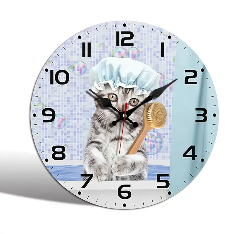 1pc round clock, cute cat bathroom clock, atmospheric bathroom wall clock, silent quartz round acrylic clock, suitable for bedroom, living room, office, kitchen, bathroom, battery-powered (battery not included), Wall Clock Decorative
