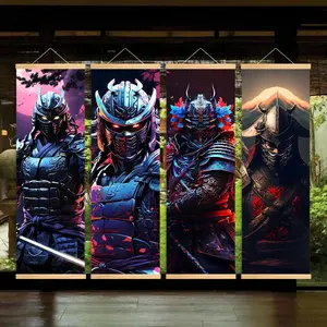 Wooden Hanging Banner, 4 Counts/set Japanese Samurai Pattern Wall Art, Modern Art Wall Decor for Home Living Room Office, Ornaments