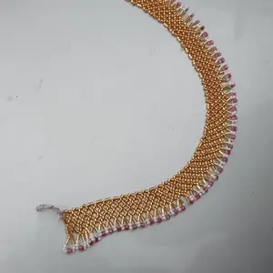 Handmade Beaded Choker Necklace – Gold & Pink
