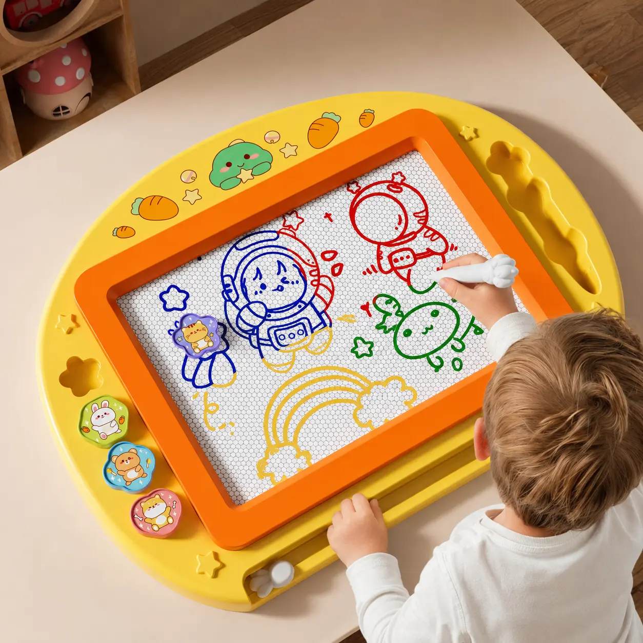 Erasable Drawing Board for Kids - Plastic Frame, No Battery Needed, Includes Stamp and Drawing Pen, Lightweight Compact Travel Learning Toy for Home & On-the-Go, Eco-Friendly Early Childhood Educational Toy, For Both Boys And Girls