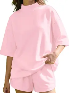 Trendy 2 Piece Matching Set for Women, Relaxed Mock Neck Half Sleeve Top & Shorts with Exposed Seam Detail, Chic Summer Co-ord Outfit