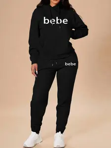 Women's Long Sleeve Hoodie Set, Christmas Cartoon Print Sweatshirt & Pants, Casual Fitted for Fall & Winter