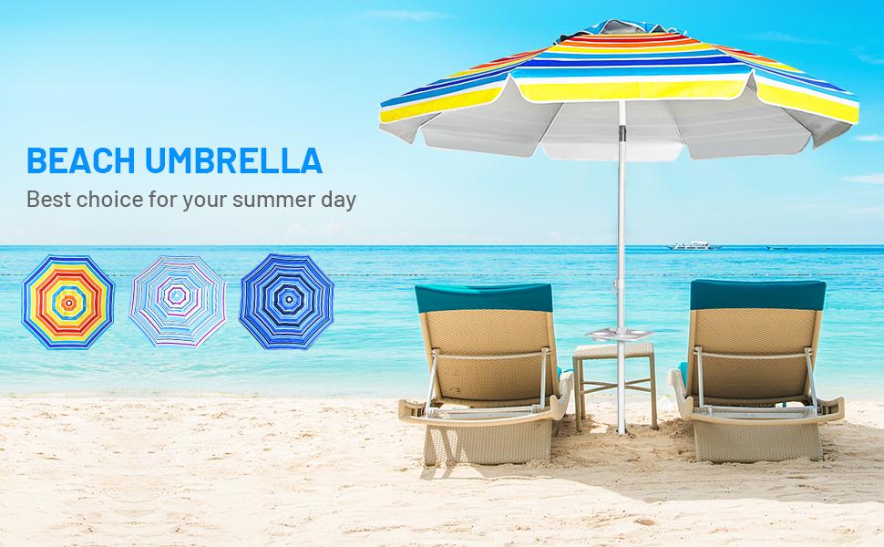 COSTWAY 6.5/7.2 FT Beach Umbrella, Portable Outdoor Umbrella with Sand Anchor, Adjustable Tilt, Steel Pole, Carrying Bag, Outdoor Sunshade Shelter with Cup Holder for Beach, Poolside