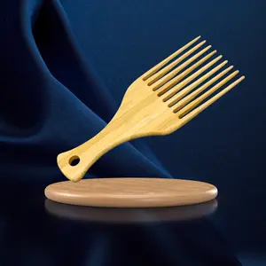 Natural Bamboo Wooden Afro Pick - Natural Wooden Handle, Smooth Finish, Ideal for Haircare and Heatless Use
