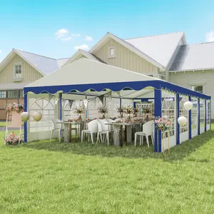 16.5' x 33' Large Party Tent – Blue. Fits 40-50 Guests. 10 Cathedral Windows + Removable Sidewalls. 1.5" Steel Frame. UPF30+ PE Top. Stakes & Ropes Included