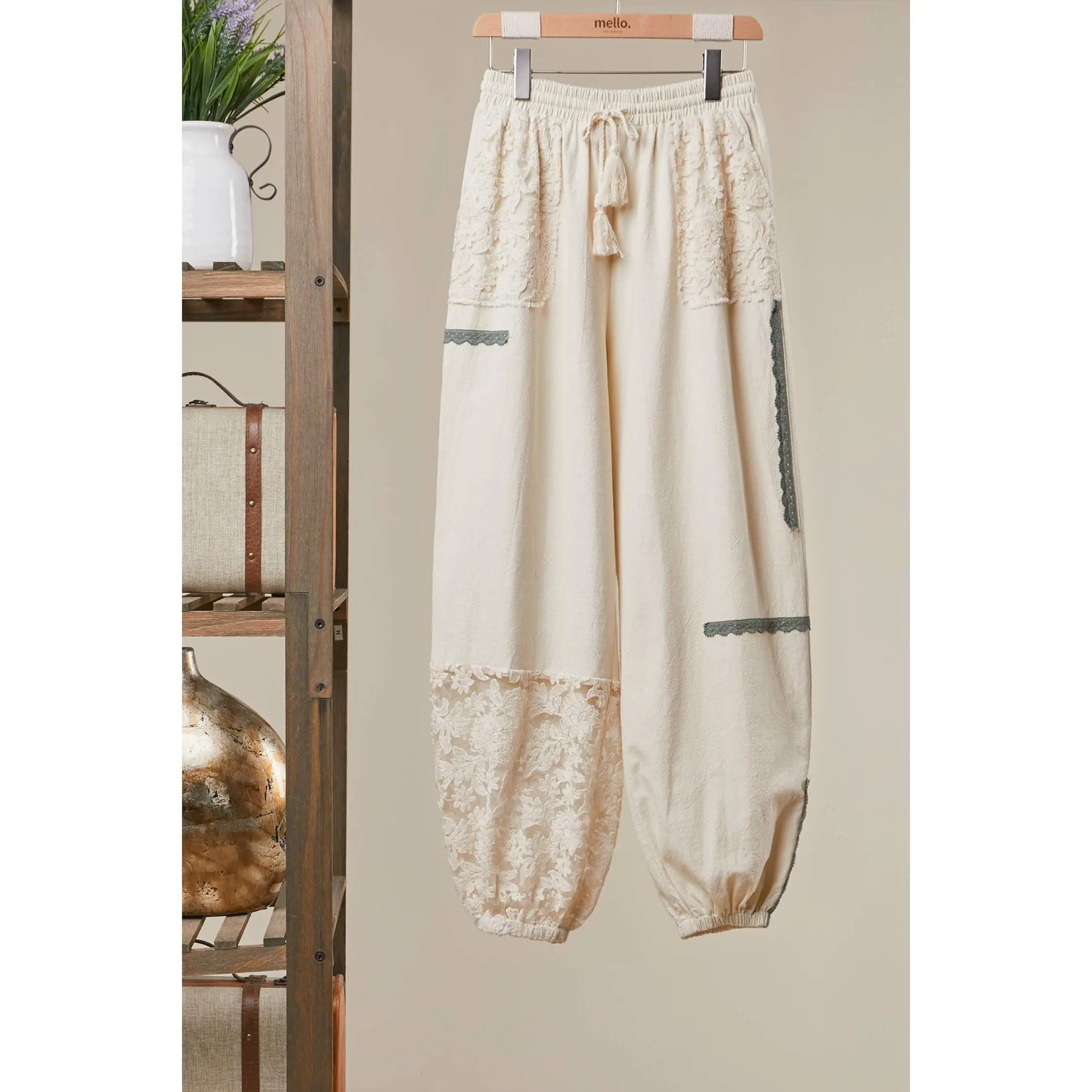 Mellow Lace Accents Patchwork Crochet Jogger Pants