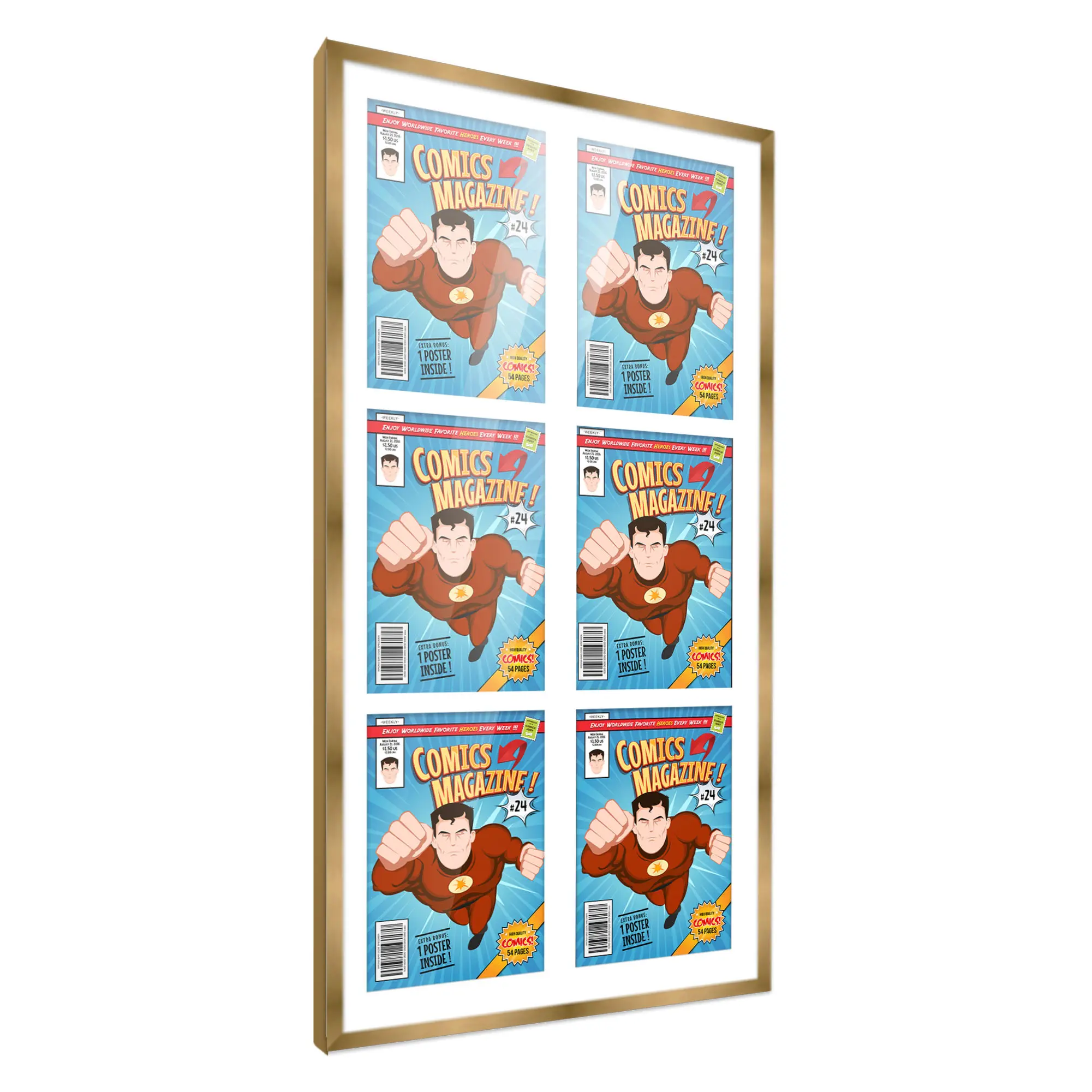 Comic Book Frame with Mat for 6 Golden Age Comics Published Between 1938 and 1956 - Bronze Wood Comic Frame With White Mat for 7.75x10.5 Comics - 20x38.5 Frame Size