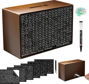 Wooden Money Saving Box, Cash Vault Savings Box for $10000 $5000 $3000 $1000 $800 $500 Target Money Saving Challenge, Reusable Money Box with Counter, Dry Erase Pen/Savings Trackers/Rubber Band-Brown