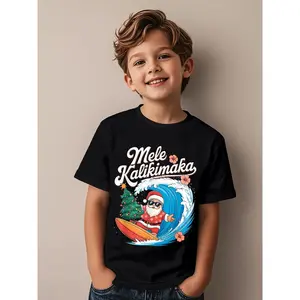Festive Surfing Santa Claus Graphic T Shirt for Kids Featuring Mele Kalikimaka Design Cheerful and Colorful Holiday Print Perfect for Christmas Celebrations