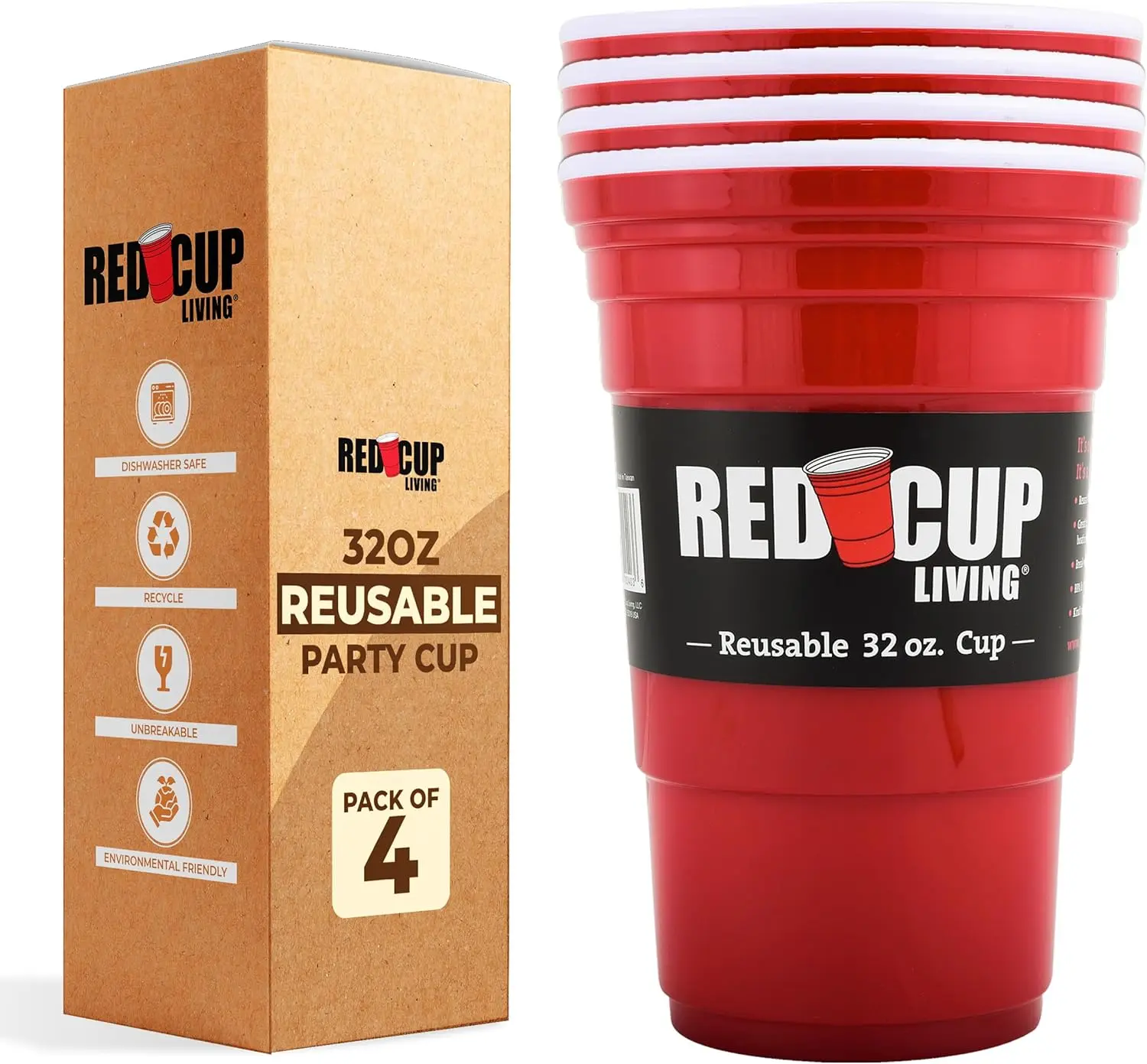 Red Cup Living 32 Oz Red Cups – Reusable Large Plastic Cups, Ideal for Parties & Travel | Leak-Proof Coffee Tumbler, Christmas Gift Set, BPA-Free - Set of 4 Drinkware Beach