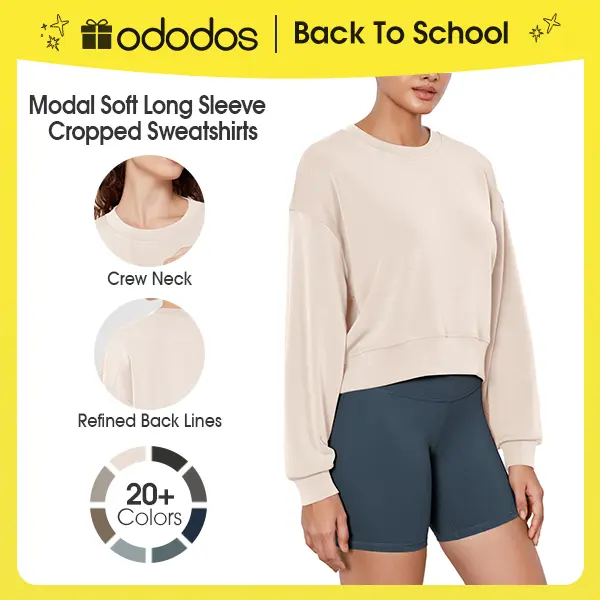 ODODOS Modal Soft Long Sleeve Cropped Sweatshirts for Women Oversized Crew Neck Pullover Crop Top, Polyester, Everyday, Fabric Fit Piece