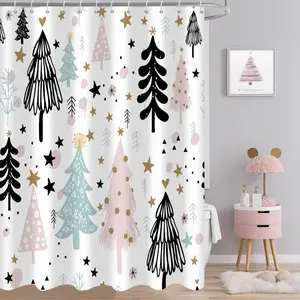 Christmas Tree Shower Curtain & Blue Snowflake Stars Pattern, Perfect for Bathroom Decor, Easy to Clean, Multiple Sizes Available