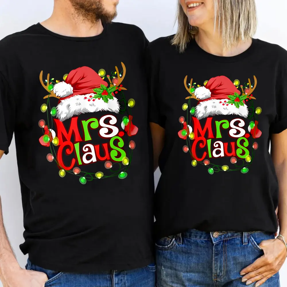 Family Hat Two T-shirt sets Christmas T-shirt Mr and Mrs Claus Santa Reindeer Couples Christmas Lights T-Shirt Thanksgiving Day Christmas gifts Plus Size 4XL 5XL Graphic Crewneck Fit Happy Matching Shirts Black Coquette