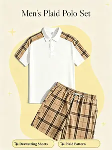 Men's Colorblock Plaid Polo Shirt Set, Check Drawstring Shorts, Casual Two-Piece, Fashionable Slim Fit T-Shirt & Shorts