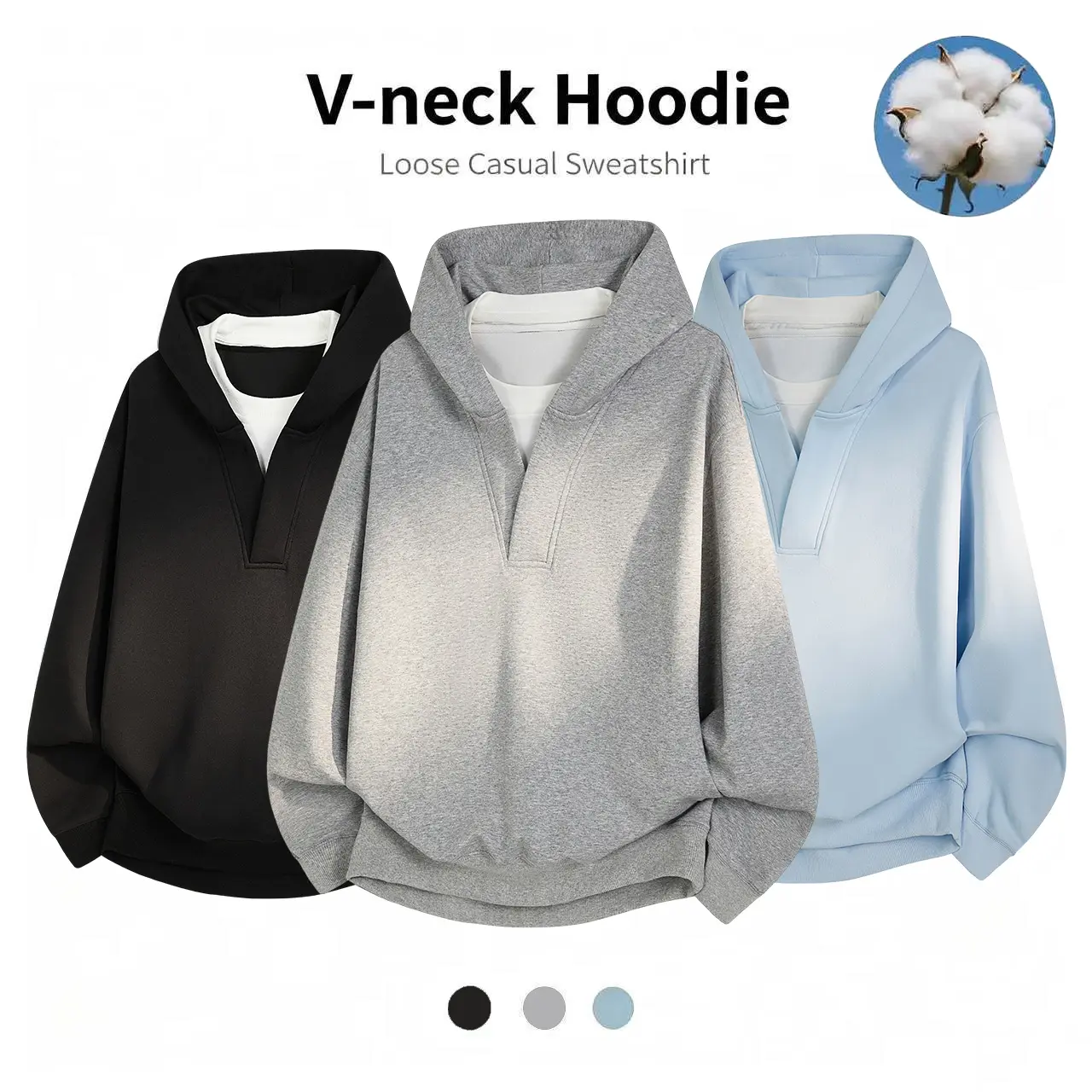 Autumn/Winter cotton hooded sweatshirt with V-neck, loose fit, versatile solid color casual pullover long-sleeve top