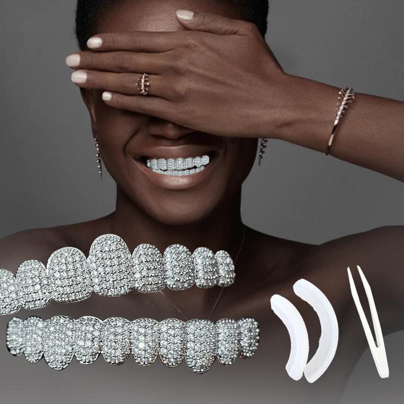 【Valentine's Day gift】MAYLOR Unisex Hip Hop Zirconia Teeth Diamond Grillz,Designed to sit over your teeth, not custom-molded, Cubic Zirconia Grillz for Men & Women, 10 Teeth Top and Bottom Punk Dental Jewelry Gift