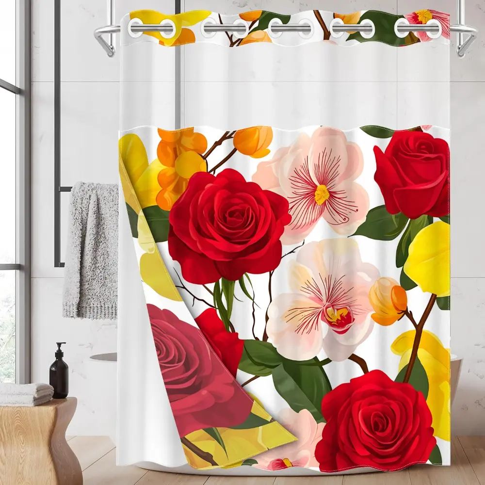1PC/4PCS 2D Flat Printing Red Yellow Flower Roses and Orchids Patterned shower curtain, Floral Shower Curtain, Floral Shower Curtains For Bathroom, home bathroom decor, shower curtain set with 12 hooks, non-slip bathroom rug