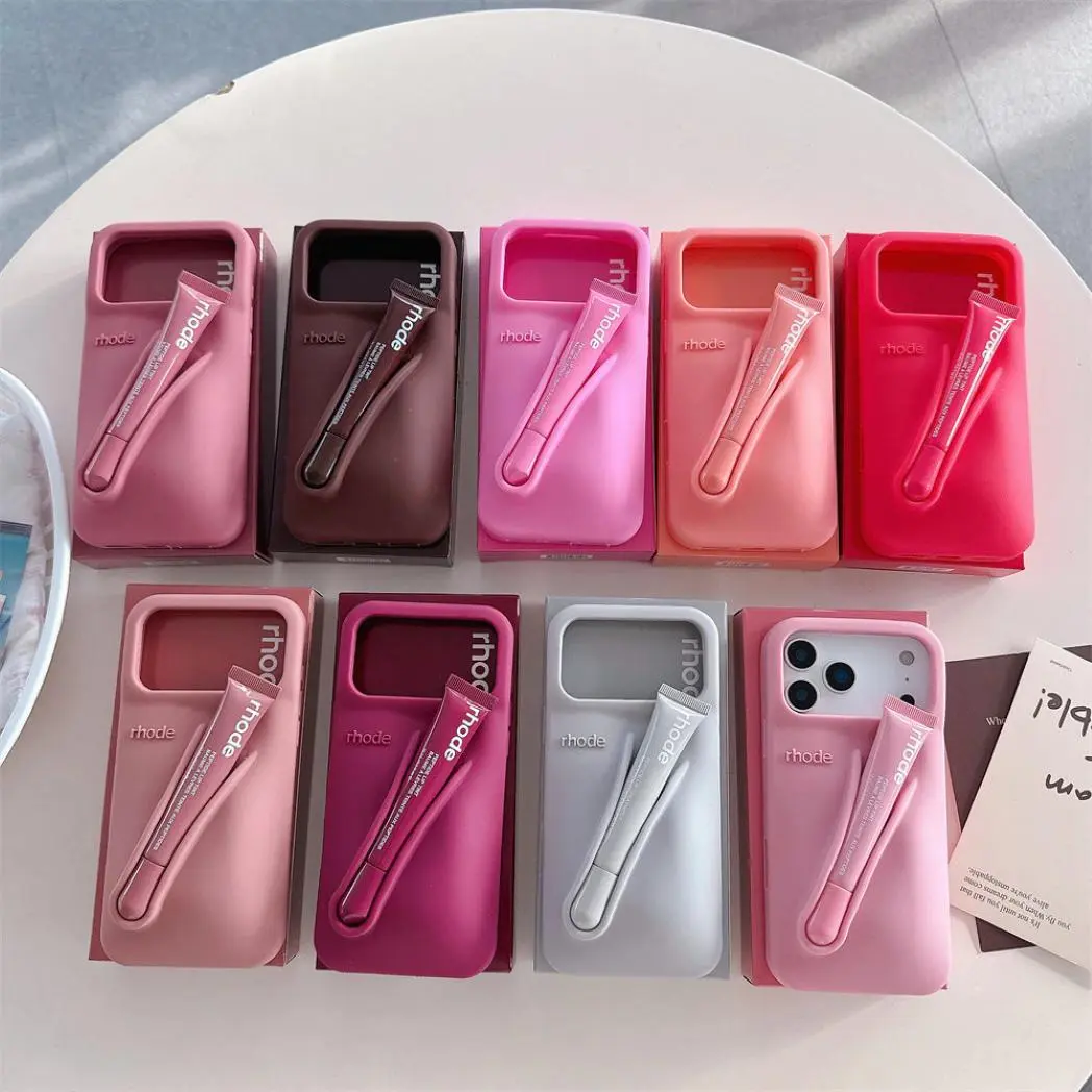 RHODE Minimal Luxury Phone Case for iPhone 11 12 13 14 15 16 17 Pro Max, Built-In Cosmetic Holder, Soft Silicone Protective Cover