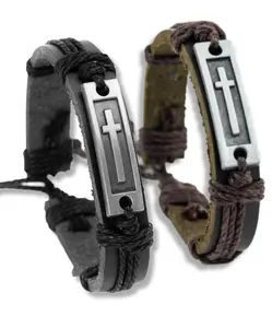 Soul Statement Cross Bracelets 2 Pack: Leather Accessories for Baptism and Communion, Adjustable Wrap Bracelet Set for Men or Teens, Christian Gifts
