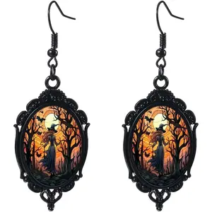 Vintage Gothic Mystery Witch Cameo Earrings - Punk Style Crystal Glass Witch Dangle Earrings