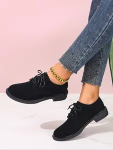 New One-Step Slip-On Chunky Heel Loafers, Round Toe Lace-Up Women's Shoes, Casual Fashion Footwear for All Seasons, Lightweight Loafers