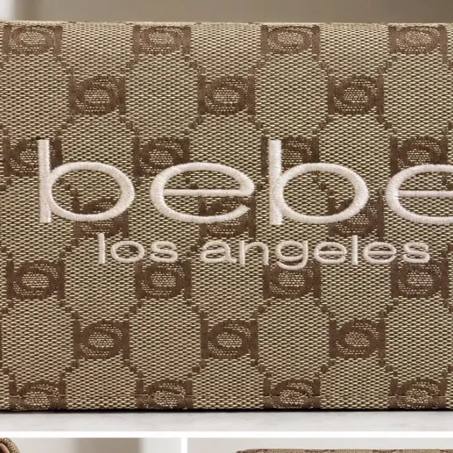 Bebe Los Angeles Signature Monogram Wristlet Wallet Clutch NWT Beige Brown