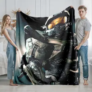 1 piece Master Chief soldier image from the Halo series themed flannel blanket - Oversized comfortable flannel sofa blanket, suitable for beds and sofas, all-season use, modern design, digitally printed pattern, 100% polyester material, machine