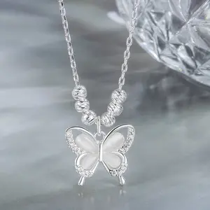 Sterling Silver Cat-eye Stone Necklace, Butterfly Necklace, Cat-eye Stone Necklace, Adjustable Extension Chain, Great value, Gifts for Wife, Girlfriend, Sisters,MOM, Fashionable Versatile Exquisite Collarbone Chain