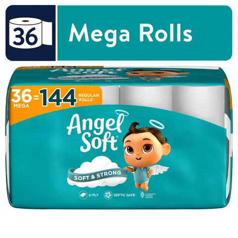 Angel Soft 2-Ply Unscented Toilet Paper, 36 Mega Rolls (Equals 144 Regular Rolls, 75g, 5120 Sheets), Long-Lasting Eco-Friendly Toilet Tissue Bulk for Wedding & Casual/Garage Use Needs