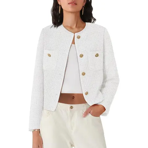 Yousify Women's Elegant Solid Knit Longsleeves Tweed Blazer - Button-Down Casual Cropped Outerwear with Pockets, Back-to-School First Day Outfits