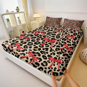 Fitted Sheet 3pcs Set: Luxury Leopard Print Fitted Sheet Set with Red Ribbon Accents. 1 Fitted Sheet + 2 Pillowcases. Soft Bedding for Trendy Bedrooms. All-Season Comfort, Durable & Easy Care. Elevate Your Space with Bold Animal Prints. No Filling.