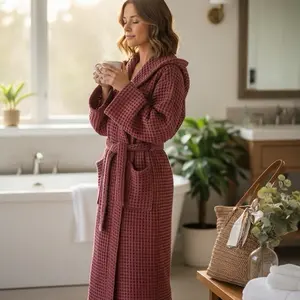 Hooded Premium Turkish Waffle Robe, 100% Cotton organic Bathrobe, Luxury Spa Robe, Lightweight Organic Cotton Robe for Women / Men (Burgundy)