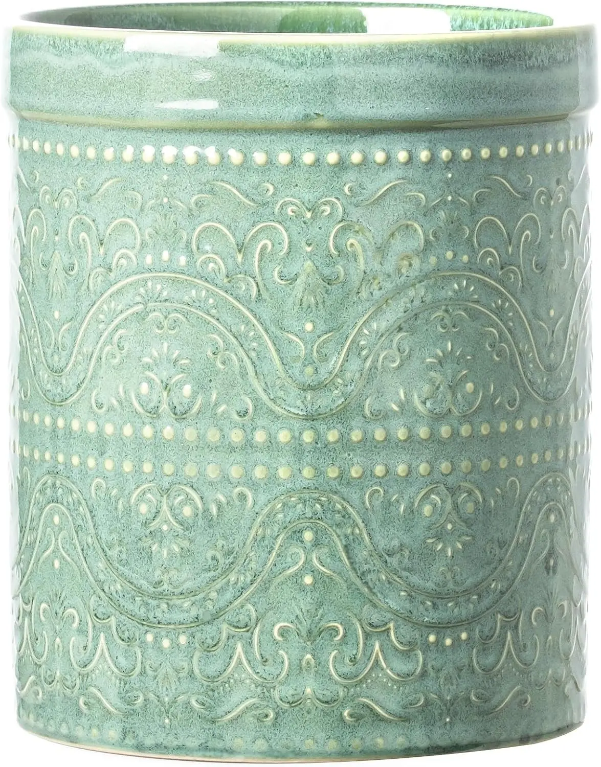 Kitchen Utensil Holder, 7 Inches Large Ceramic Utensil Holder for Countertop, Lace Emboss Cooking Utensil Crocks for Kitchen, Home Decor, Off-White, Forest Green