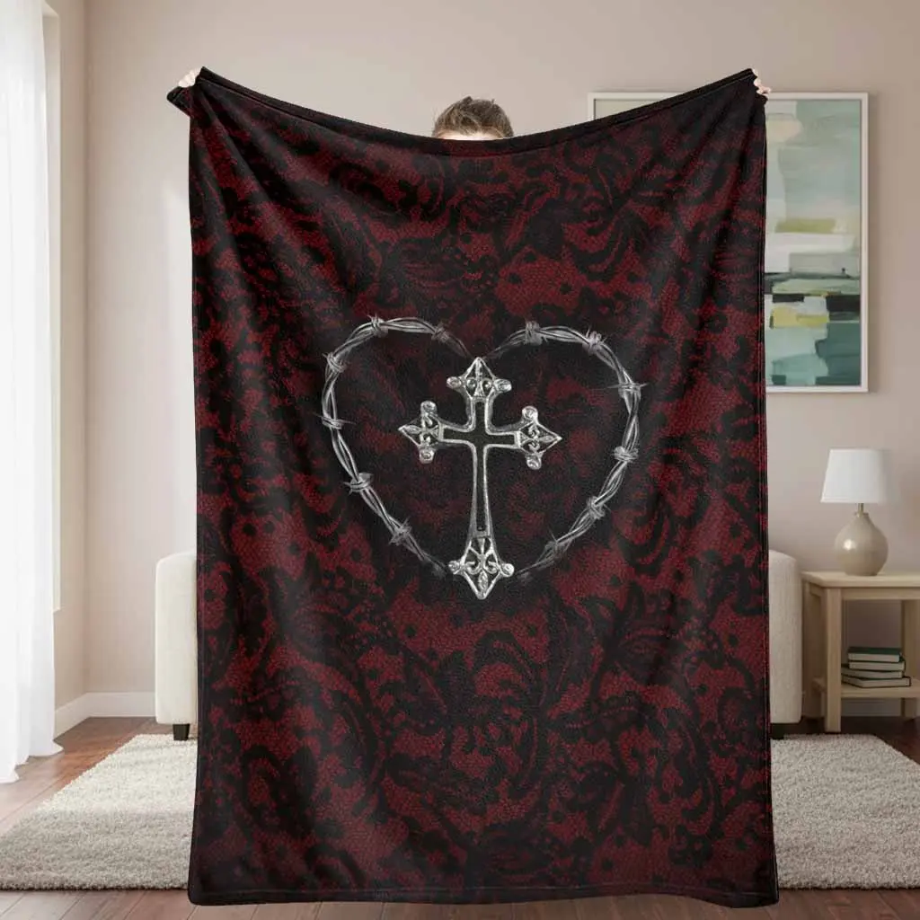 Vintage Gothic Flannel Blanket with Gothic Cross, Barbed Wire Heart Pattern, Dark Red Lace Print, Plush Texture, Flannel Fabric, Ultra Soft Warm Lightweight, Multi-Size for Indoor/Outdoor Bedroom Decor, Thoughtful Aesthetic Gift