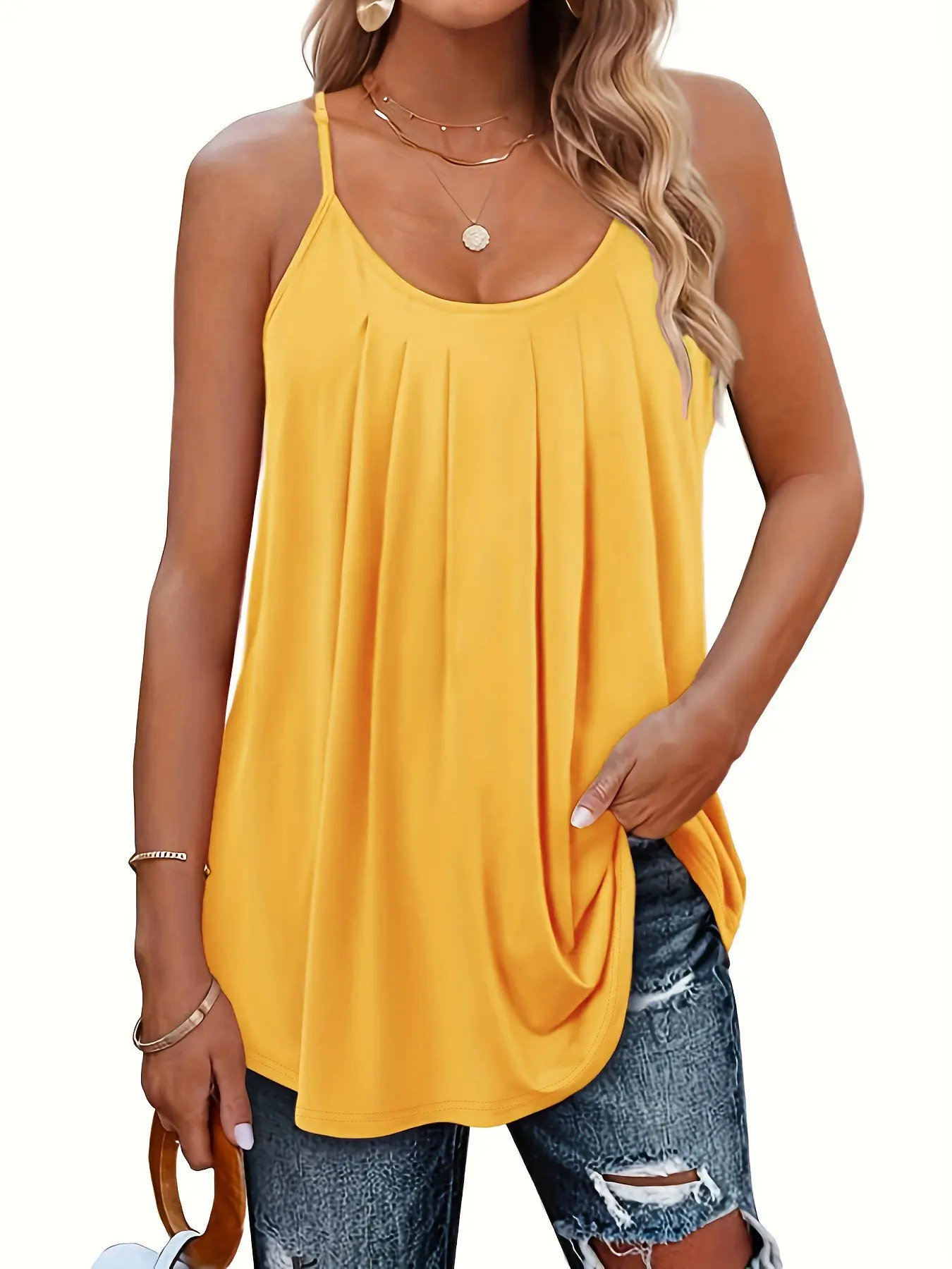 Women's Summer Lightweight Breathable Thin Spaghetti Strap Sleeveless Round Neck Pleated Plus Size Casual Loose Fit Cami Tank Top, Comfortable and Stylish Design for Everyday Wear Sleeveless Tank Tops