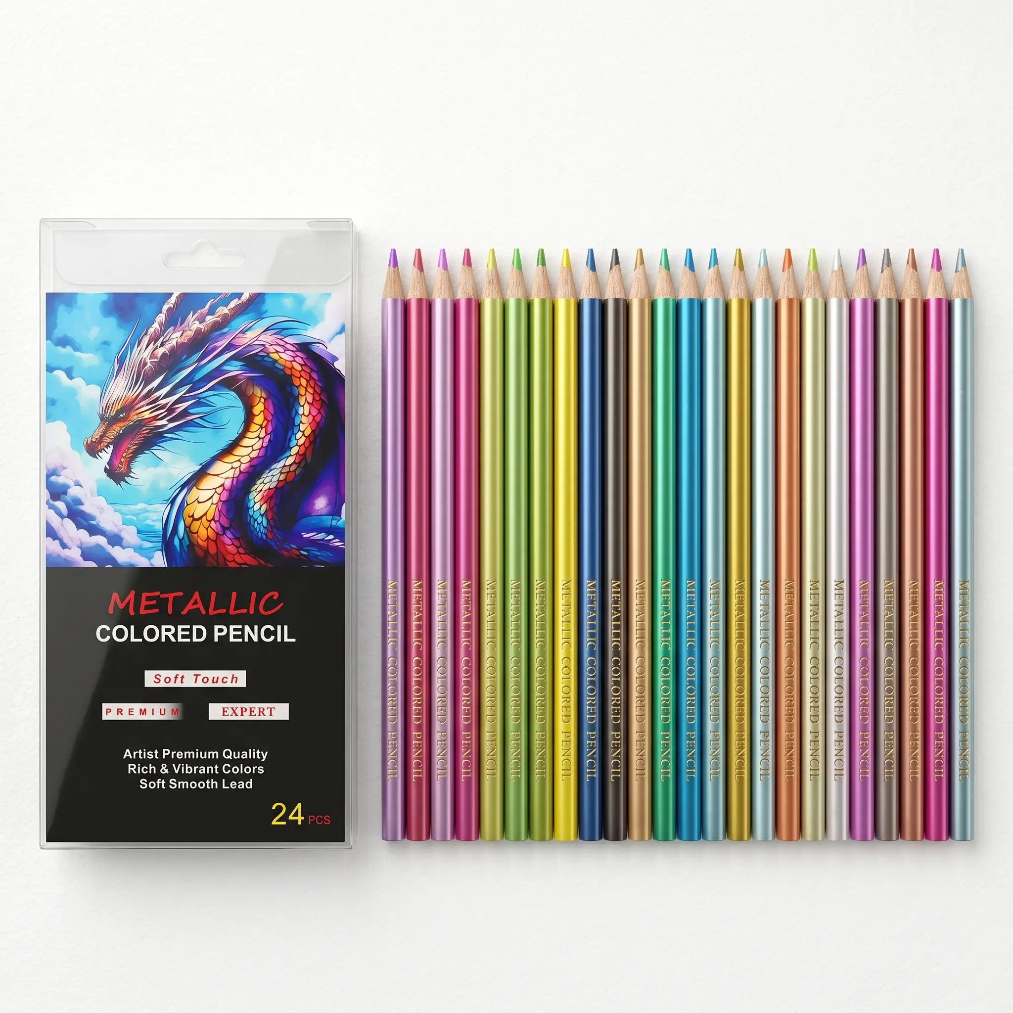24 Metallic Colored Pencils, 24 Colors, Pre-Sharpened | metallic shades; pre-sharpened wood barrels; drawing; coloring books