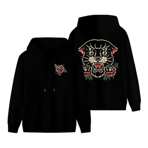 Four-eyed leopard tattoo hoodie, tattoo-style streetwear, tattoo-patterned sweatshirt, American traditional tattoo clothing, old-school tattoos.