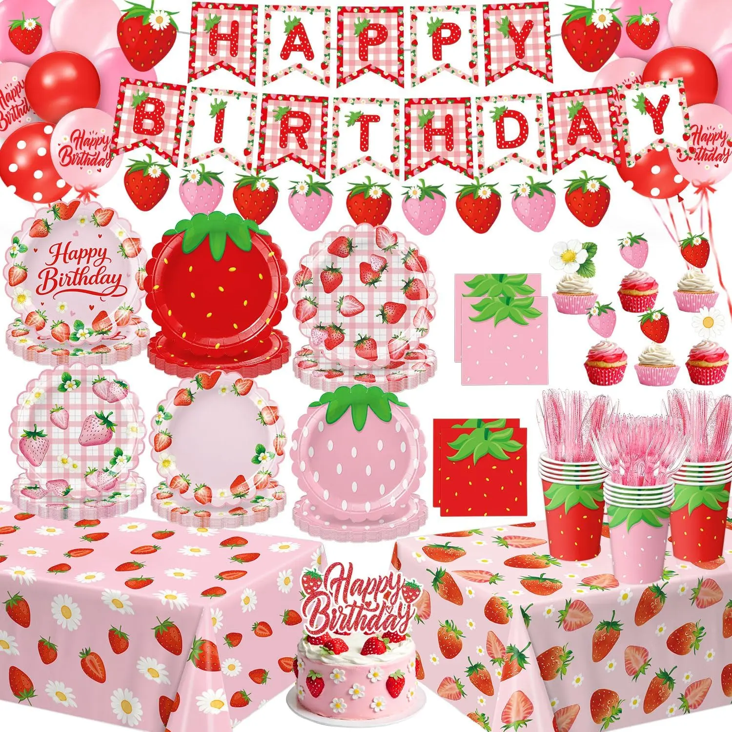 Strawberry Birthday Decorations Includes Plates, Napkins, Cups, Cutlery, Cupcake Toppers, Banner, Tablecloths, Balloons for Berry First Strawberry Shortcak
