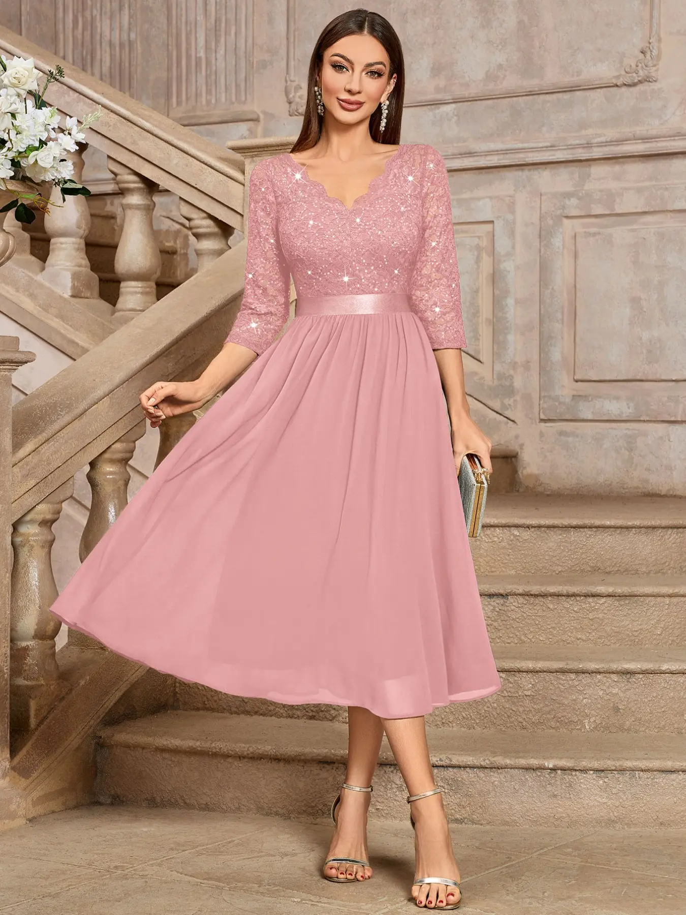 elegant pink dresses for wedding guests with sleeves Elegant A Line Off the Shoulder Pink Tulle Long Party Dress Wedding Guest  Dress SH2928