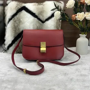 Pre-owned Celine Classic Box Bag in Burgundy Glossy Calfskin 866