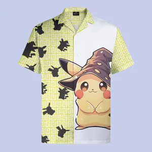 Pikachu Witch Hat Hawaiian Shirt with Pokemon Motif - Chrismast Gift for fan, him, husband - Collar, Menswear, Fabric, Loose, Wood Button Polyester