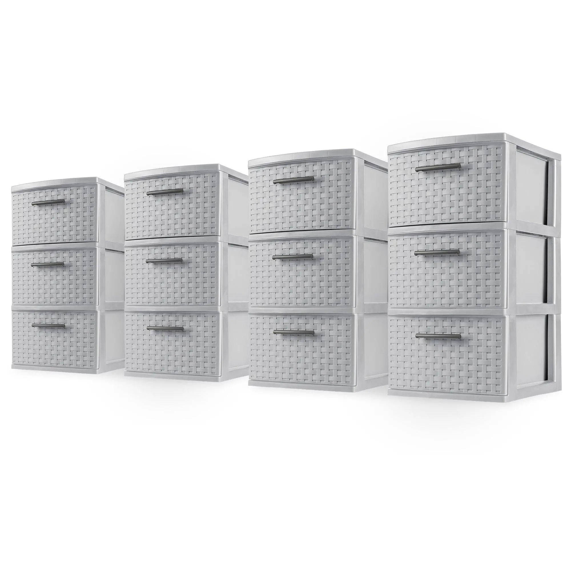 Sterilite 3 Drawer Storage Tower, Plastic Weave Medium Organizer, Cement, 4 Pack